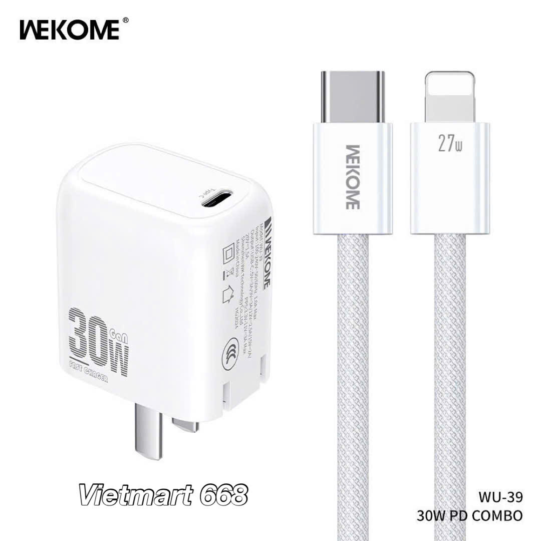 Bộ Sạc Nhanh 30W WeKome WU-39 Dành Cho iPh, SS - Kèm Cáp Sạc Bọc Dù Chắc Chắn - Hàng Chính Hãng