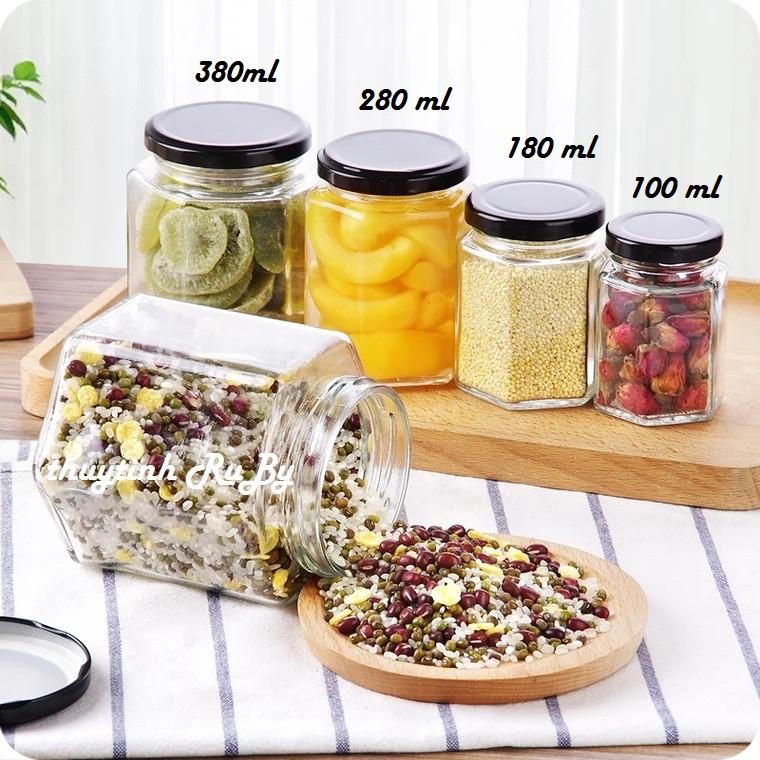 Hũ Lọ Thủy Tinh Lục giác 280ml đựng thực phẩm, Hủ đựng mật ong, Lọ gia vị lục lăng, Lọ thủy tinh đựng bột nghệ