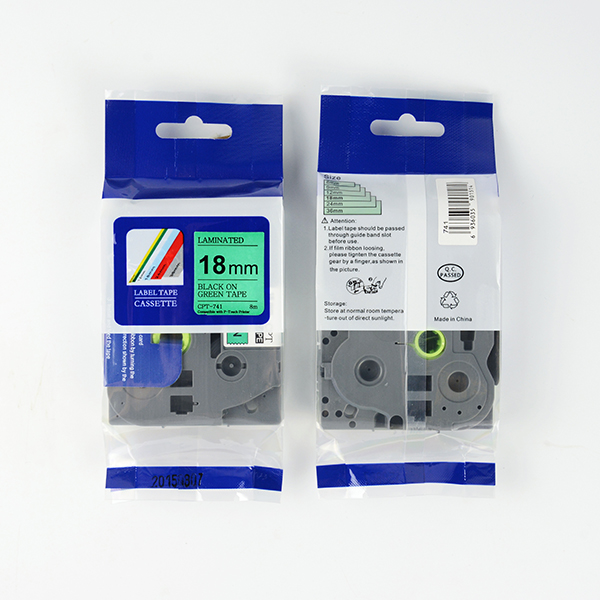 Tape nhãn in tương thích CPT-741 dùng cho máy in nhãn Brother P-Touch (chữ đen nền xanh lá, 18mm)