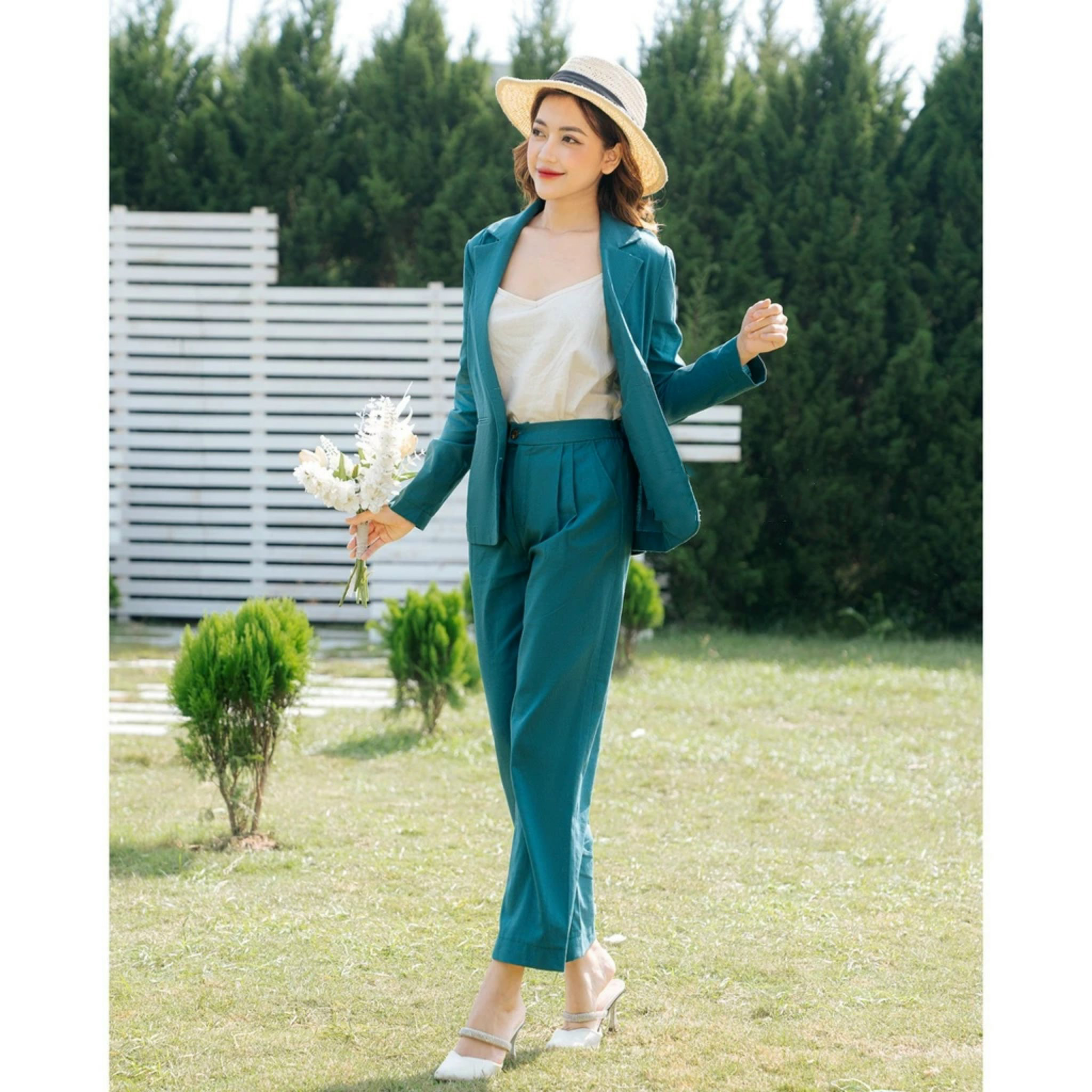 Set đồ nữ công sở vải linen Hàn, Áo blazer tay lỡ cổ ve vuông & quần dài suông rộng Haint Boutique Bv02