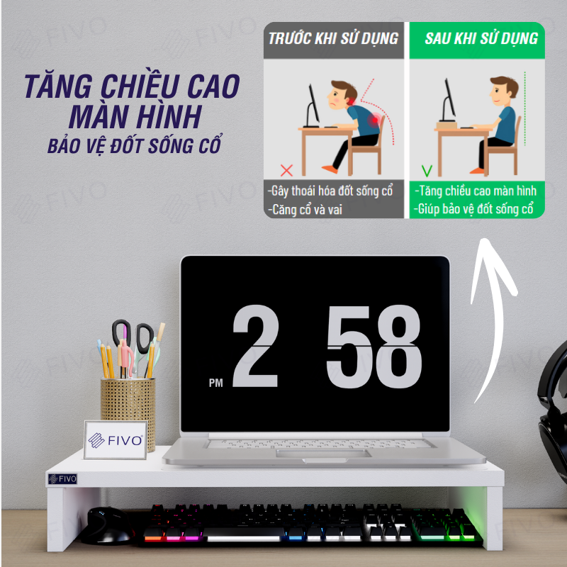 Kệ Máy Tính Gỗ Để Bàn FIVO FB25 Gỗ Dày Chống Ẩm, Gọn Gàng Góc Làm Việc, Nâng Chiều Cao Màn Hình, Bảo Vệ Đốt Sống Cổ