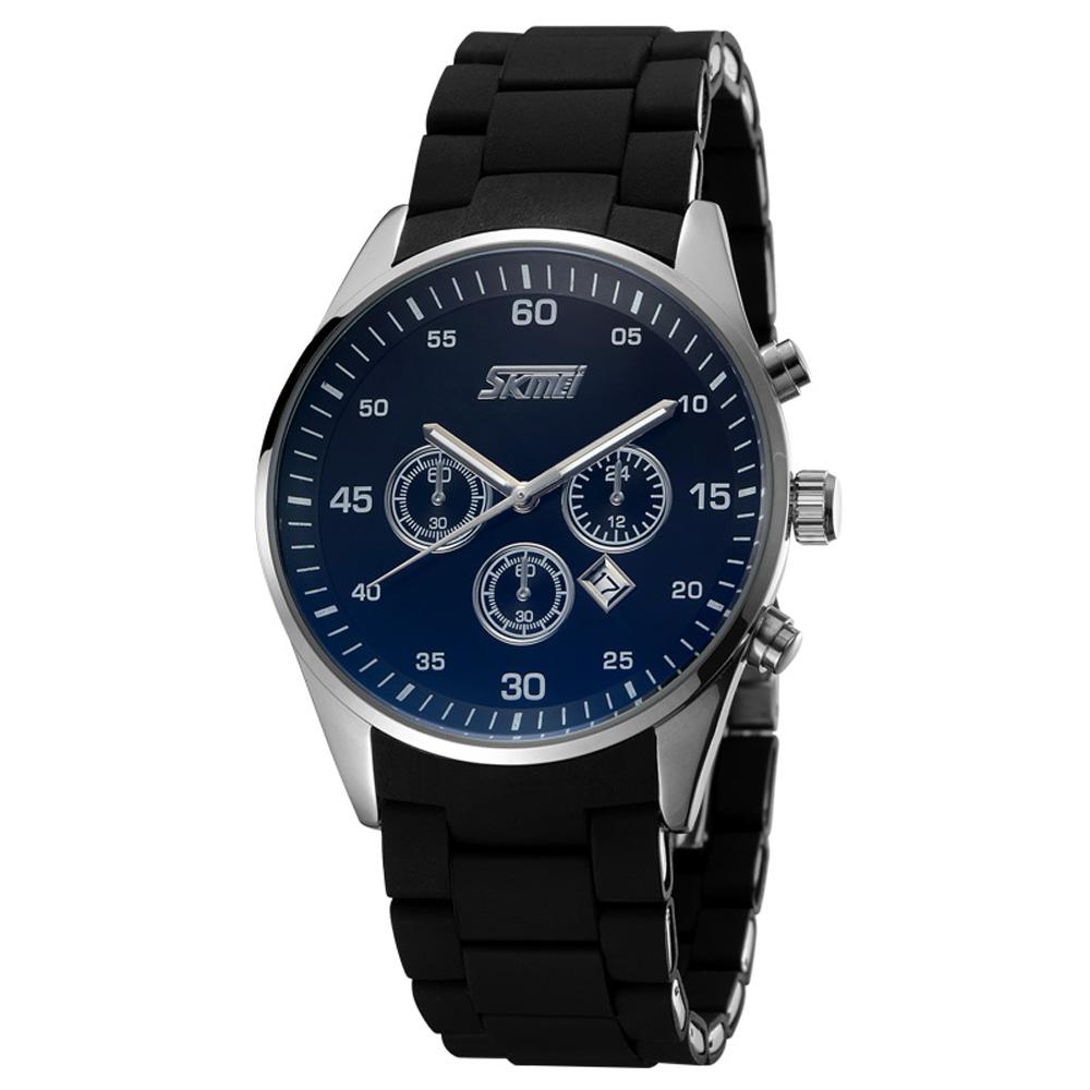 Đồng hồ thời trang nam chống nước SKMEI 3ATM với 3 mặt số phụ với dây đeo bằng hợp kim silicone