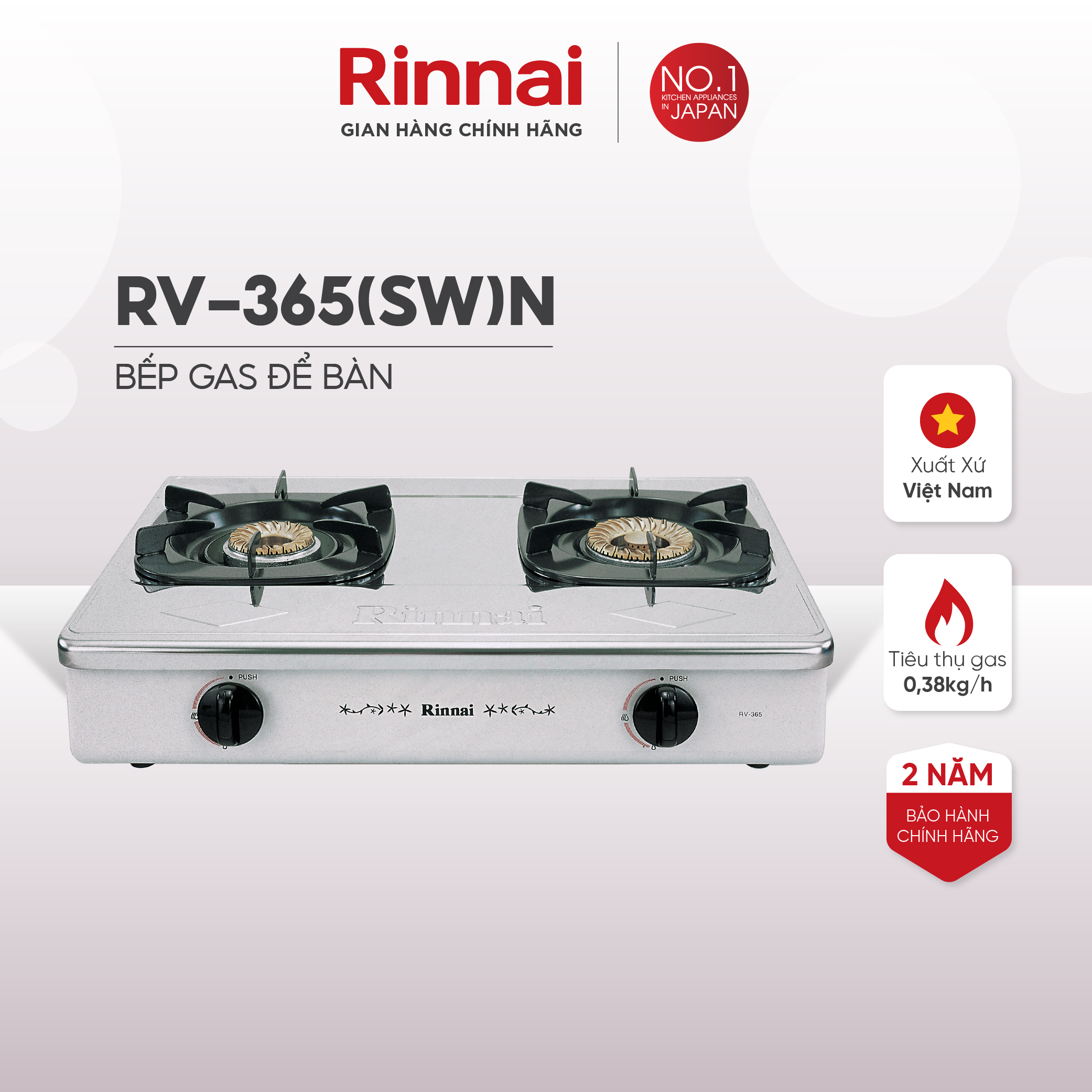 Bếp gas dương Rinnai RV-365N mặt bếp inox và kiềng bếp men - Hàng chính hãng.