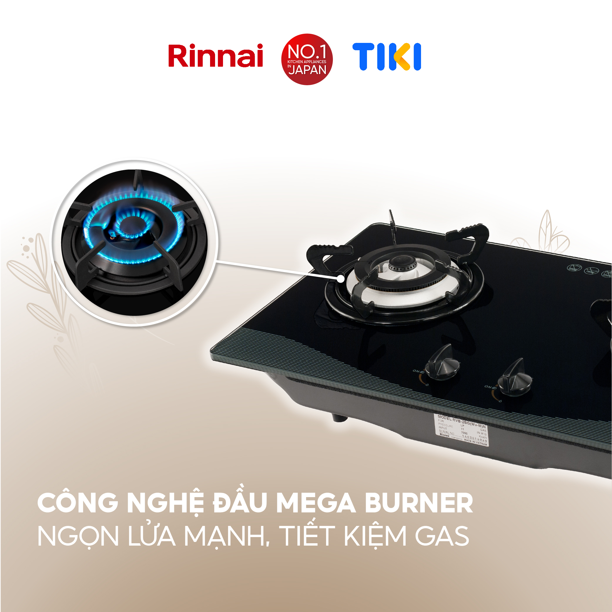 Bếp gas âm Rinnai RVB-2BG(Wv-M)N mặt bếp kính và kiềng bếp men - Hàng chính hãng.