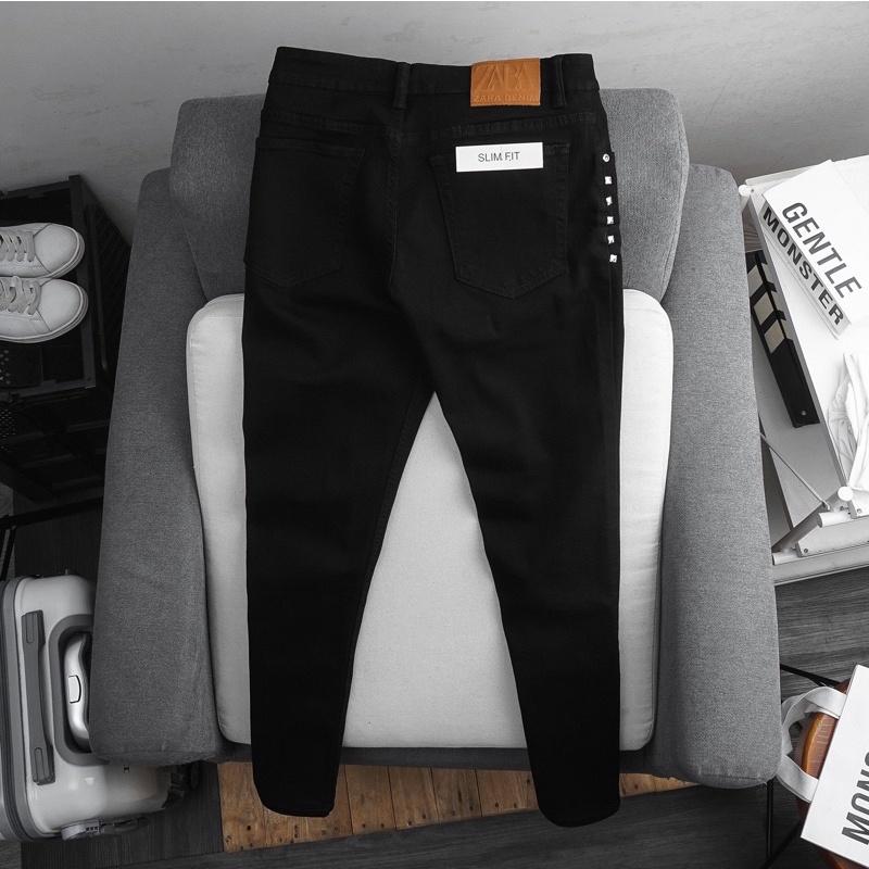 Quần jean nam rách gối cao cấp ôm dáng màu đen slim co giãn