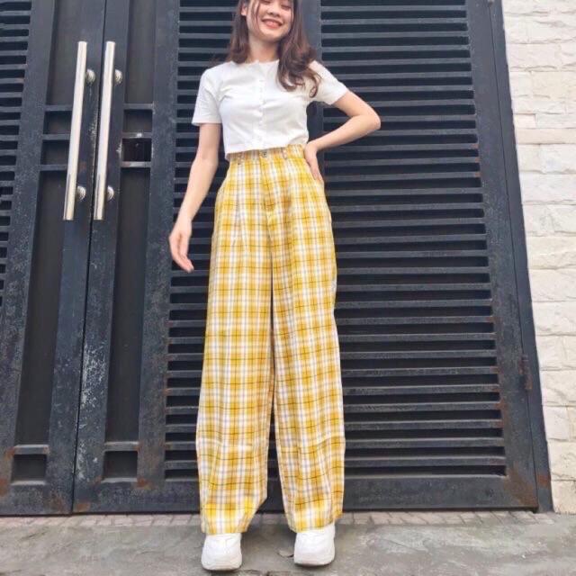 Quần culotes dài caro dài 95cm , quần caro ống rộng