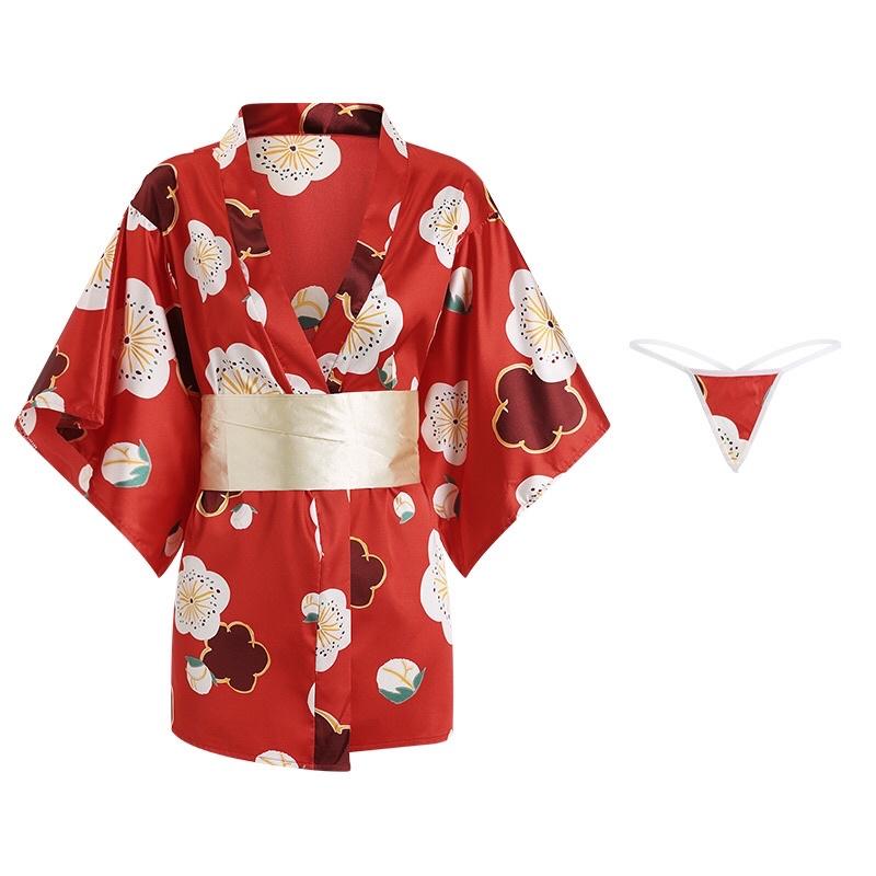 Váy ngủ cosplay kimono hoa đỏ với form ngắn sexy phong cách Nhật Bản quyến rũ BT0013