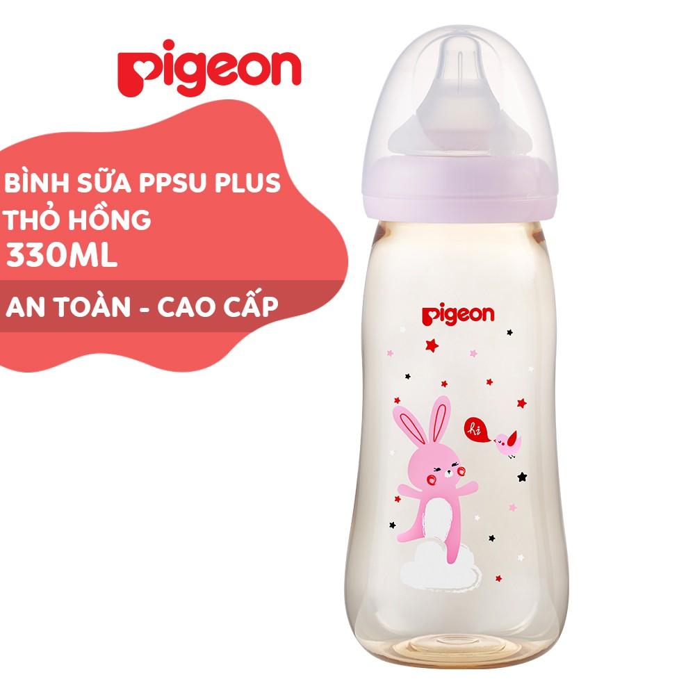 Bình sữa cổ rộng PPSU Plus Voi xanh/ Thỏ hồng Pigeon 330ml (L)