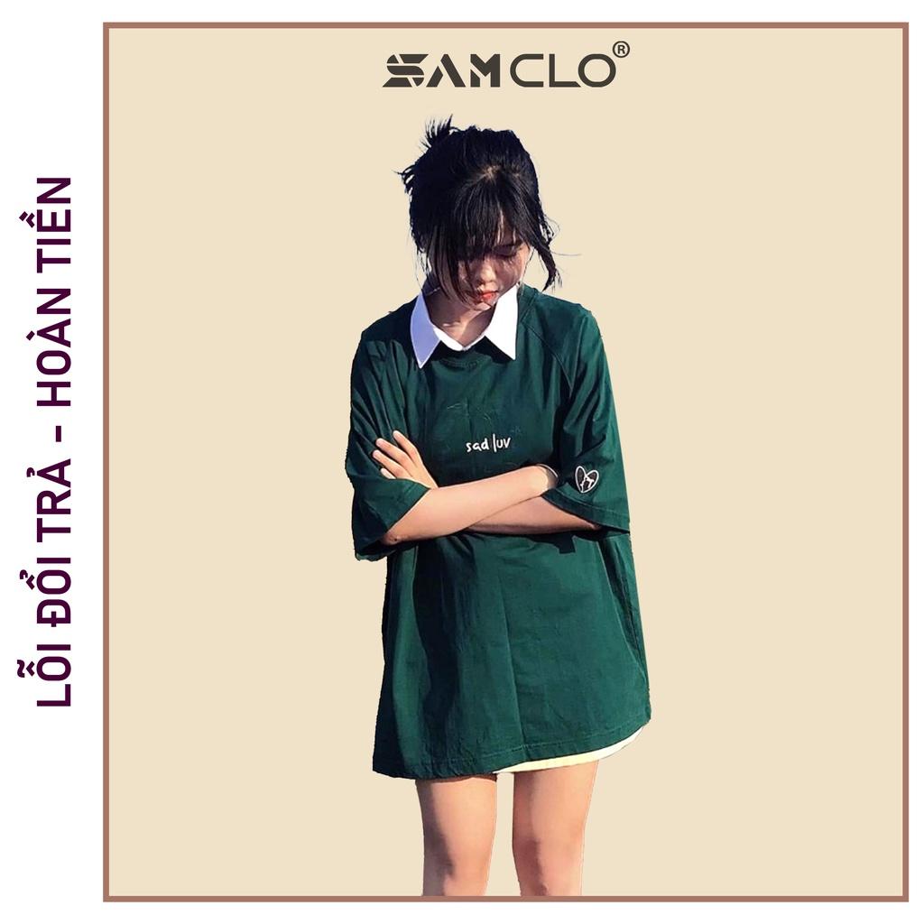 Áo thun nam nữ tay lỡ SAM CLO form rộng Unisex, mặc cặp, nhóm SADLUV - 80% COTTON - MÀU XANH RÊU