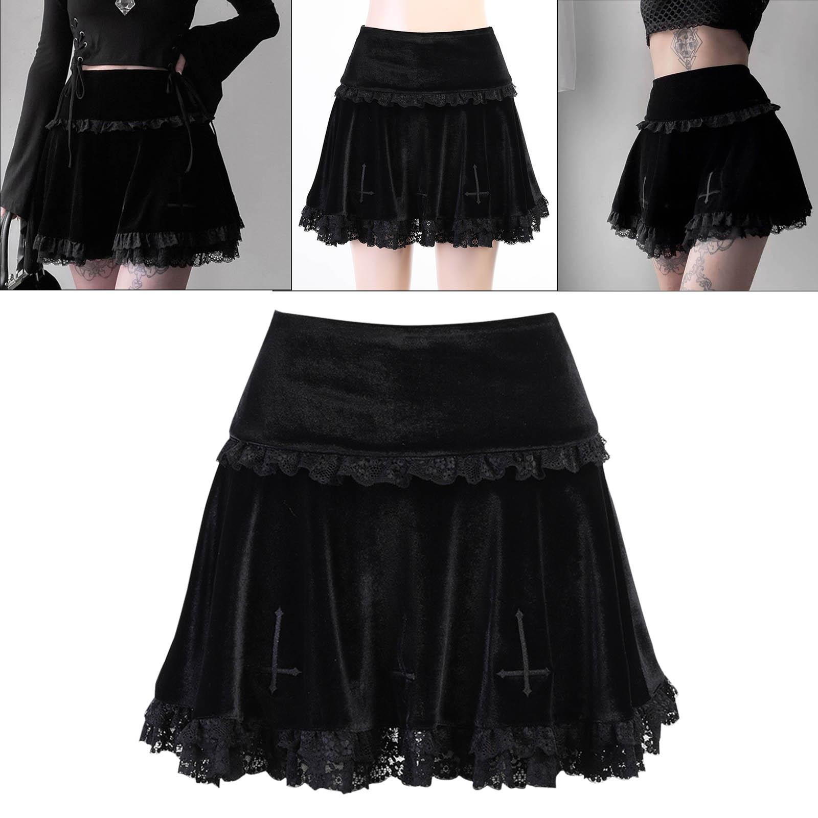 Cute Pleated Skirt A Line Lace Trim Comfortable Punk Dark Women Short Skirts for Girl
