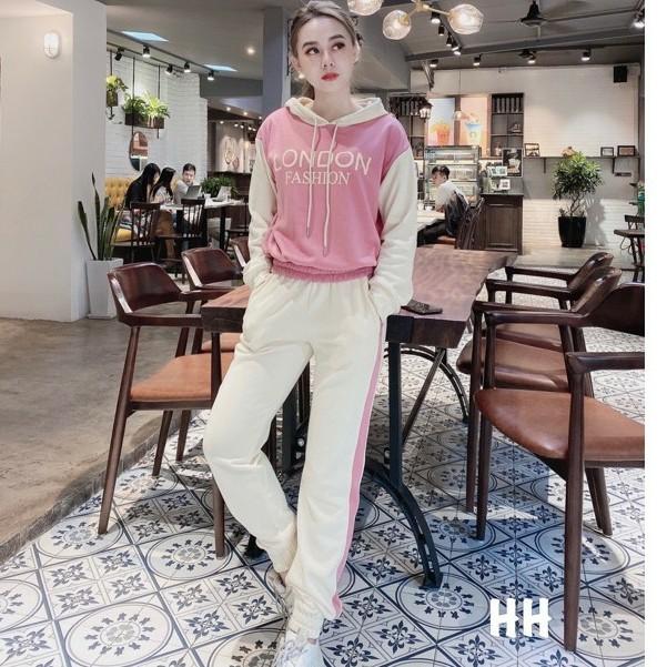 Đồ bộ thể thao thu đông phối màu có mũ in chữ LONDON