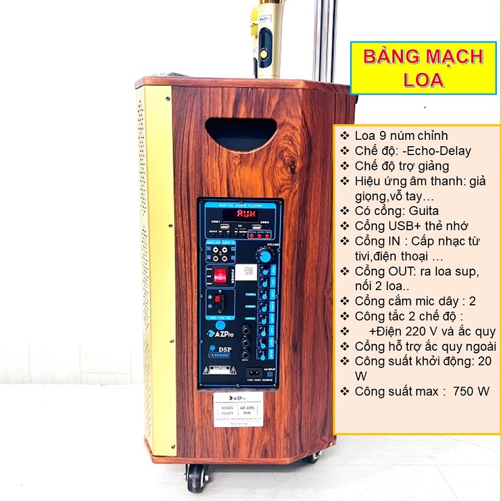 Loa kéo Bluetooth di động,AZ-2206-Bass 30-3 đường tiếng,Thùng gỗ cao cấp-4 bánh xe,Tay kéo sang trọng,Tặng 2 mic không dây vỏ kim loại,Hàng chính hãng AZPRO