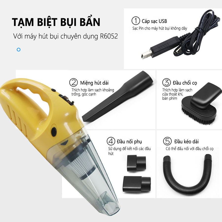 Máy Hút Bụi MIni Tích Điện Cầm Tay Không Dây R6052 - Công Suất 120W - Thiết Kế 3 Màu Độc Đáo (Vàng, Bạc, Đen) - Giao Màu Ngẫu Nhiên