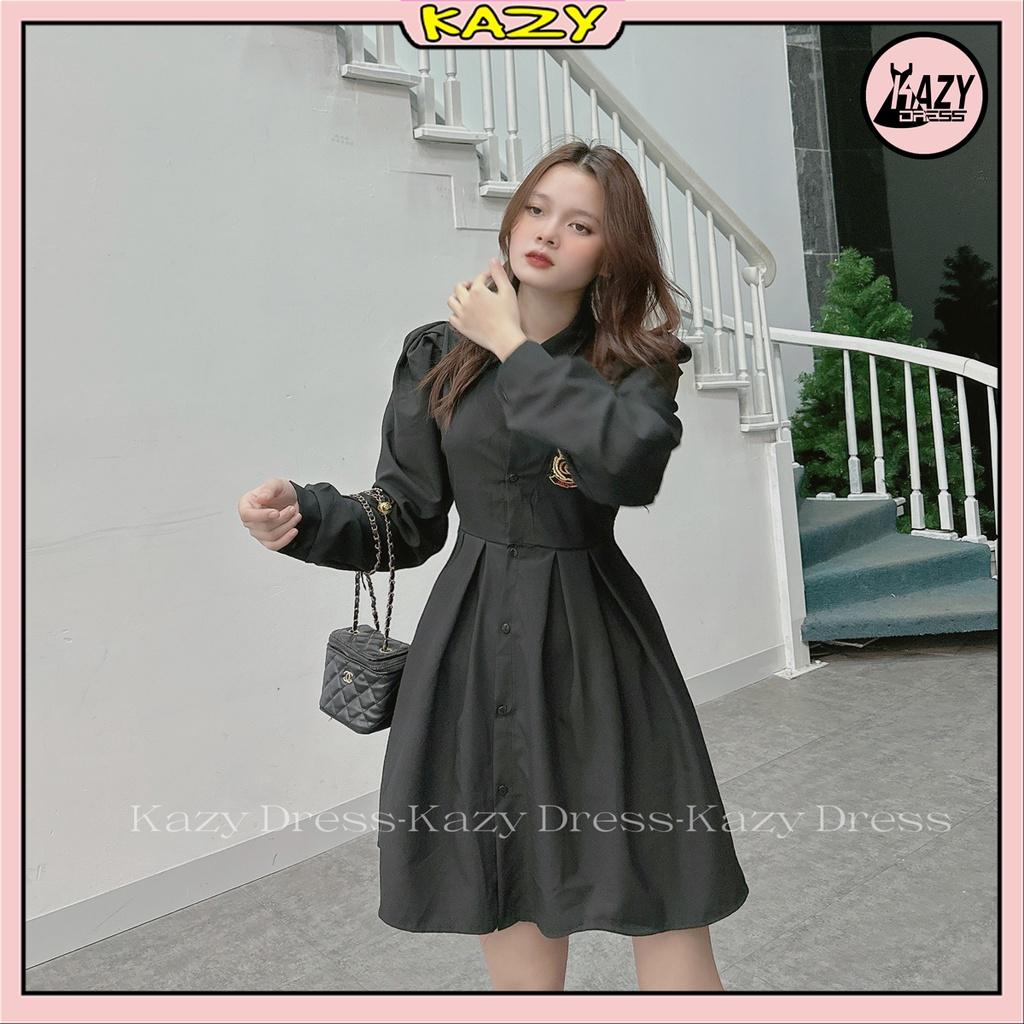 Váy sơ mi logo khoét lung thắt nơ tay dài KAZY STORE V023
