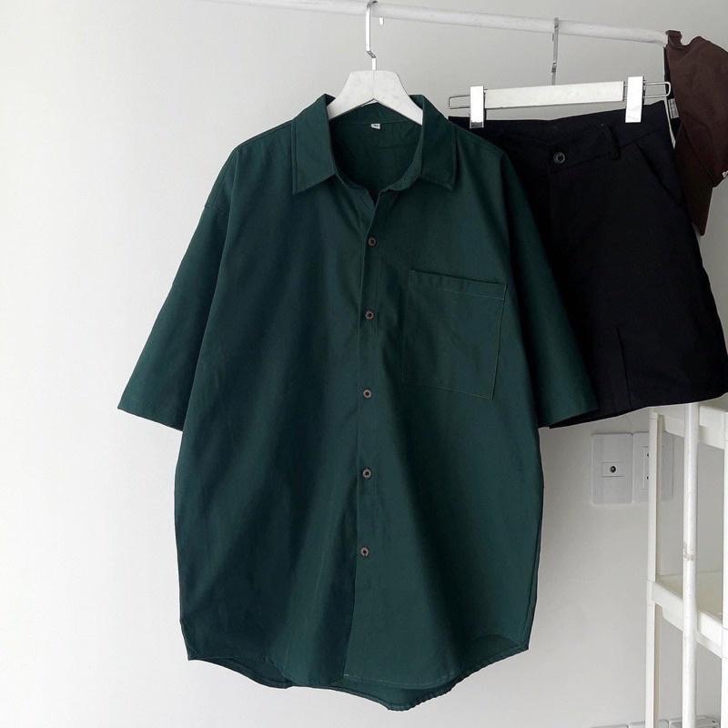 Áo Sơ Mi Tay Ngắn Trơn 1 Túi Màu Xanh Unisex