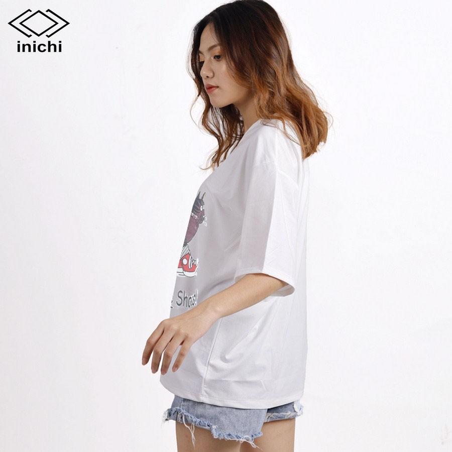Áo thun INICHI unisex tay lỡ form rộng phong cách, in hình chú mèo ngố mang giày - IC651
