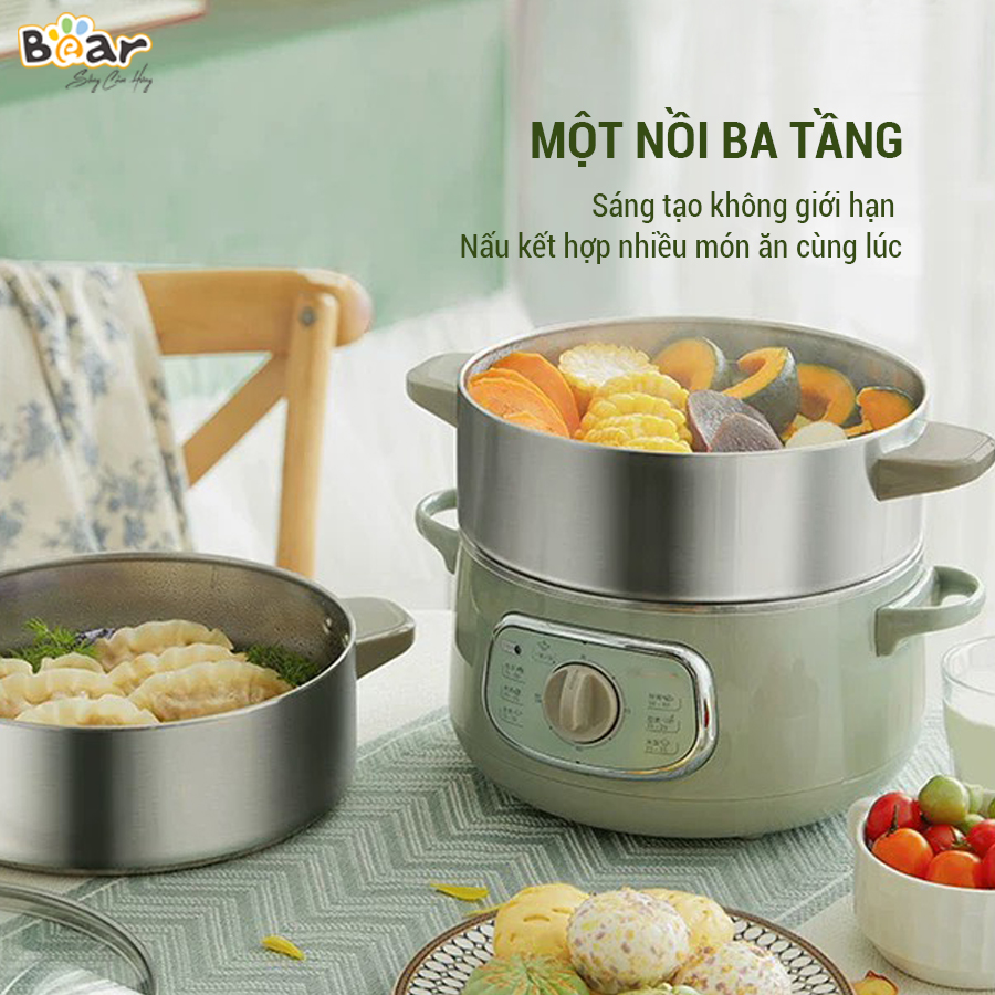 Nồi Hấp Điện 3 Tầng Bear 10L Hấp Đa Năng, Bánh Bao, Xôi, Đồ Ăn Dặm Cho Bé DZG-D80G5 - Hàng Chính Hãng