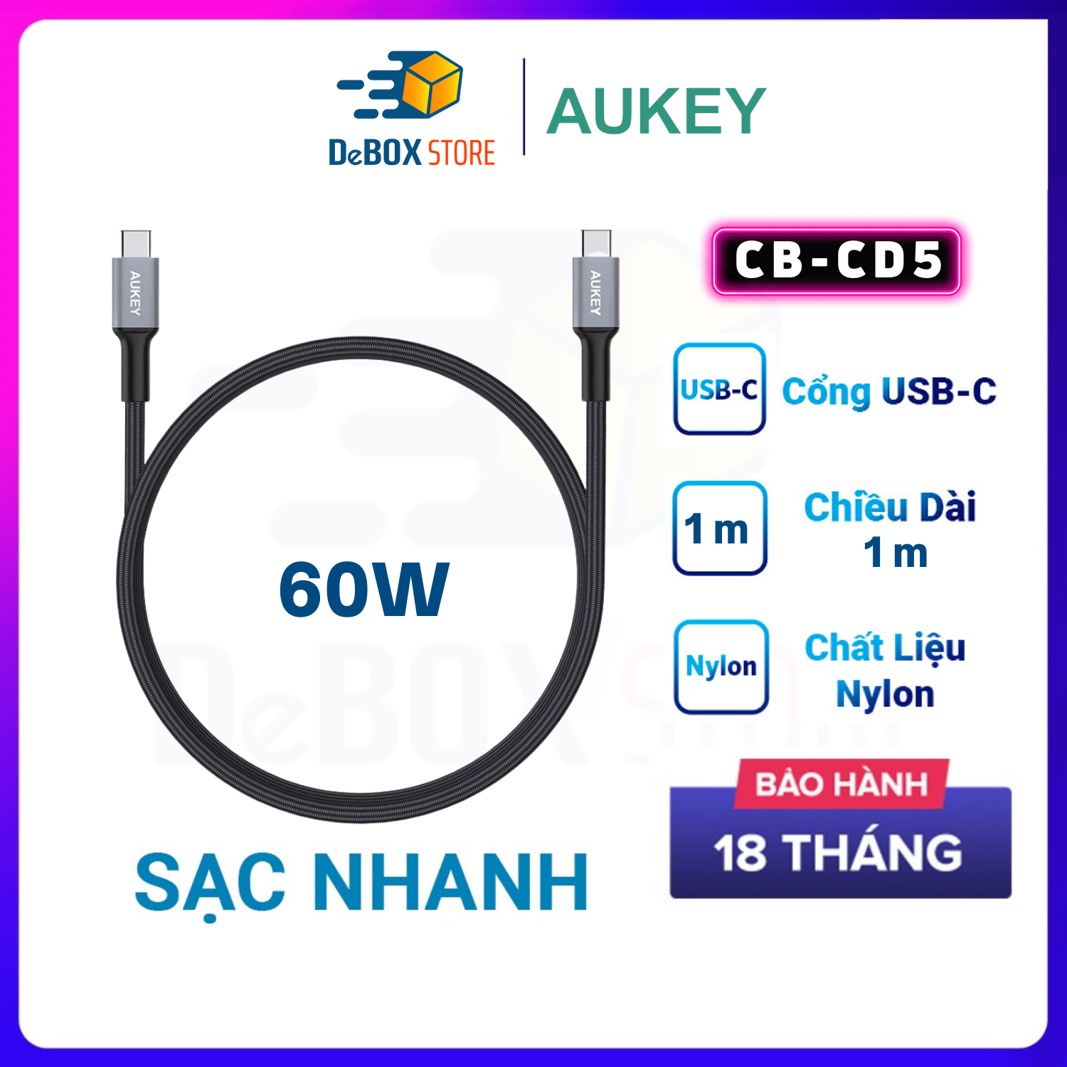 Cáp Sạc Siêu Nhanh C To C AUKEY CB-CD5 Siêu Bền, Hỗ trợ sạc nhanh PD lên đến 60W, Bọc nylon Dài 1m - Hàng Chính Hãng