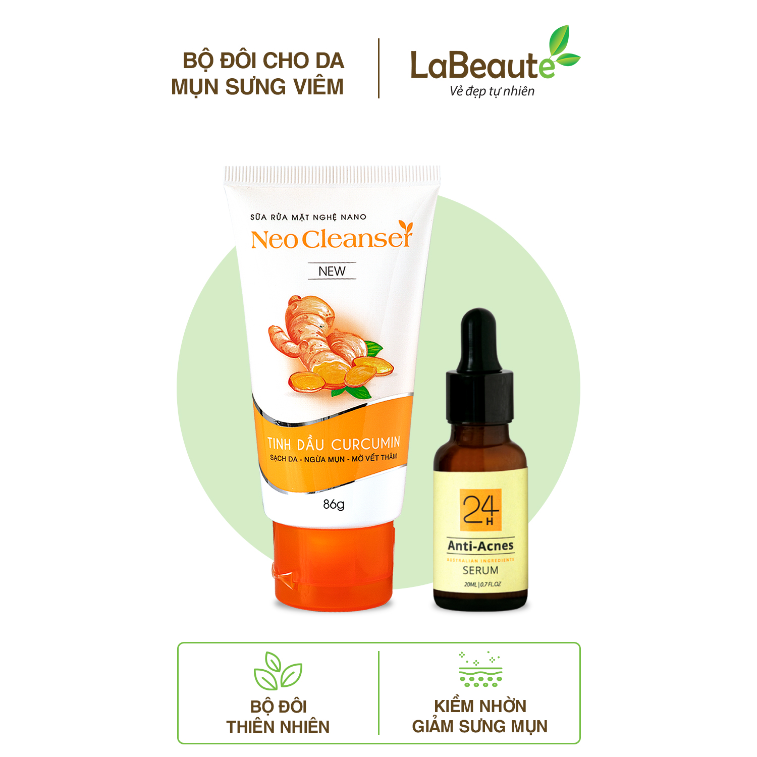 Bộ đôi sữa rửa mặt nghệ Nano NeoCleanser & serum 24h Anti-Acnes - Sạch sâu, mờ thâm, giảm mụn sưng, mụn trứng cá nhanh chóng