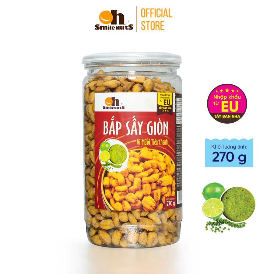 Bắp Sấy Giòn Smilenuts vị MUỐI TIÊU CHANH hộp 270g _ Nhập khẩu từ Tây Ban Nha _ Bắp sấy giòn rụm, thơm ngon, tẩm vị vừa ăn _ phù hợp ăn vặt, snack bắp rang/sấy giòn hảo hạng