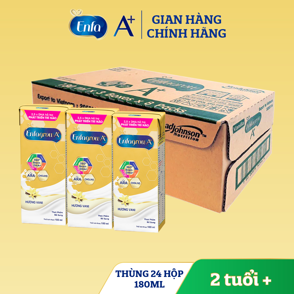 Thùng 24 hộp Sữa bột pha sẵn Enfagrow A+ 360° Brain DHA+ cho trẻ trên 2 tuổi - Hương vị Vanilla - Hộp 180ml