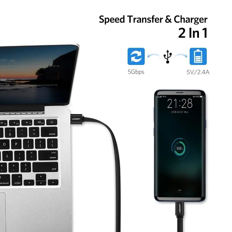 Ugreen UG30628US172TK 1M màu Đen Cáp USB TypeC sang USB 3.0 cáp tròn - HÀNG CHÍNH HÃNG