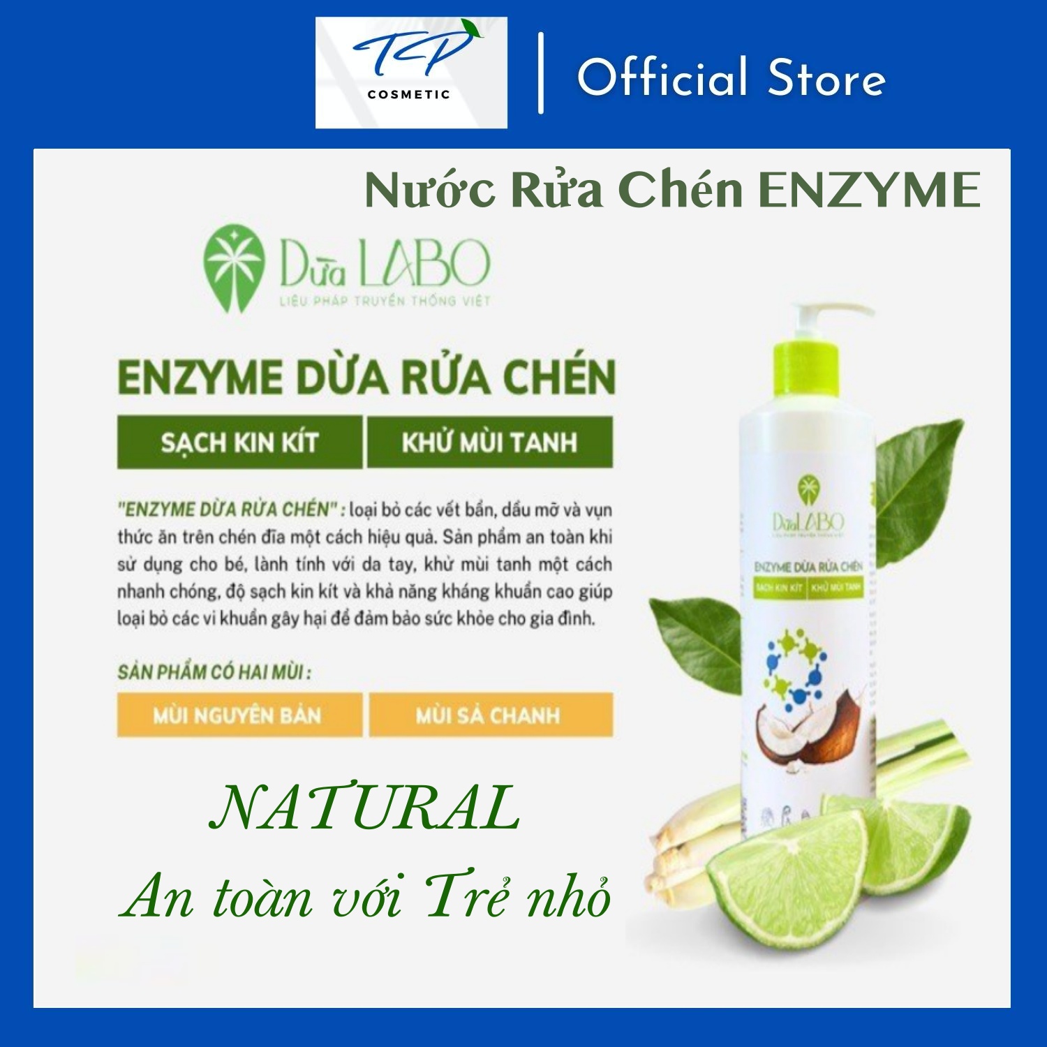 Nước Rửa Chén Enzyme Dừa - Dừa LABO : thành phần thiên nhiên, sạch khin khít, khử mùi, không hại da tay.