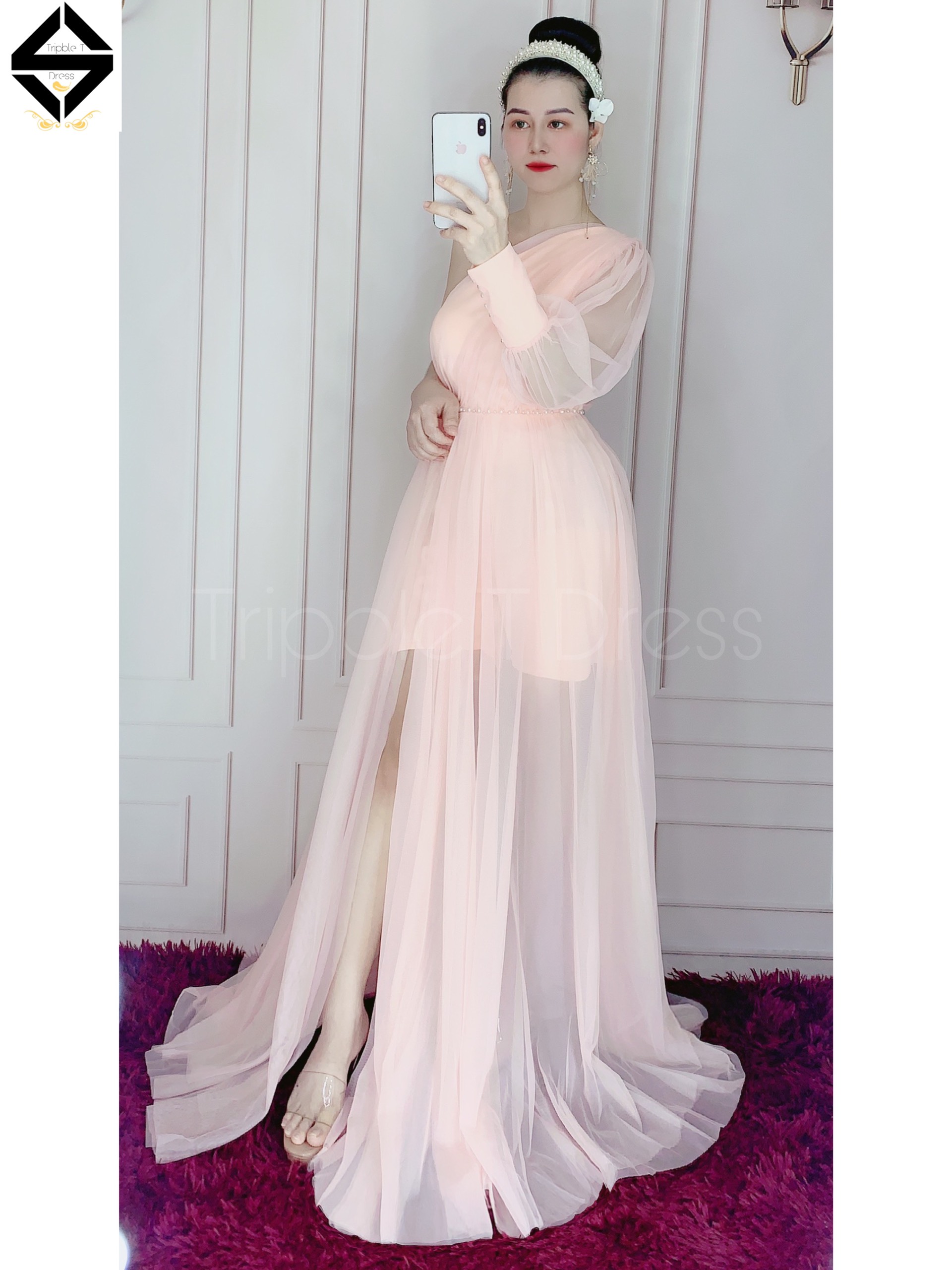 Đầm maxi dự tiệc lệch vai tay dài kết ngọc TRIPBLE T DRESS - size M/L - MS132V
