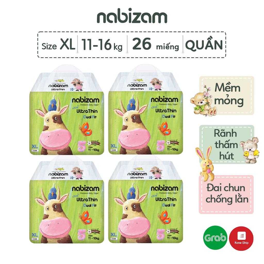 COMBO 4 Tã/Bỉm Quần NABIZAM UltraThin Công Nghệ Thấm Hút Từ Hàn Quốc, Mỏng Nhẹ Và Chống Tràn Size XL /từ 12kg/26 miếng