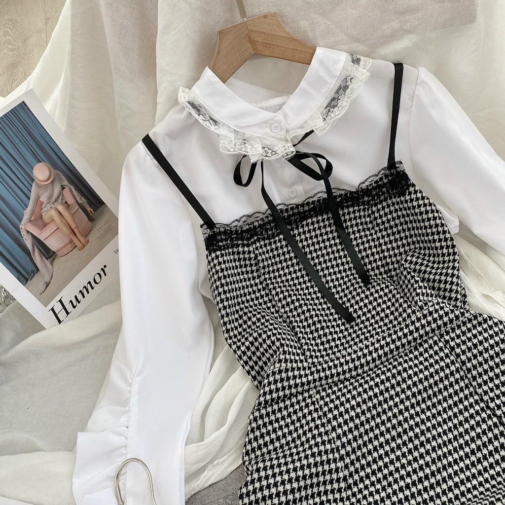 Set yếm caro đen viền ren + áo sơ mi trắng tay rút