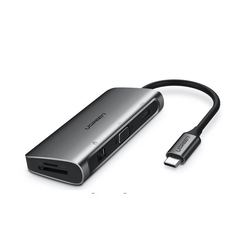 Ugreen UG40873CM179TK Bộ chuyển đổi TYPE C sang 3 USB 3.0 + HDMI + VGA + LAN + SD TF + hỗ trợ nguồn TYPE C - HÀNG CHÍNH HÃNG