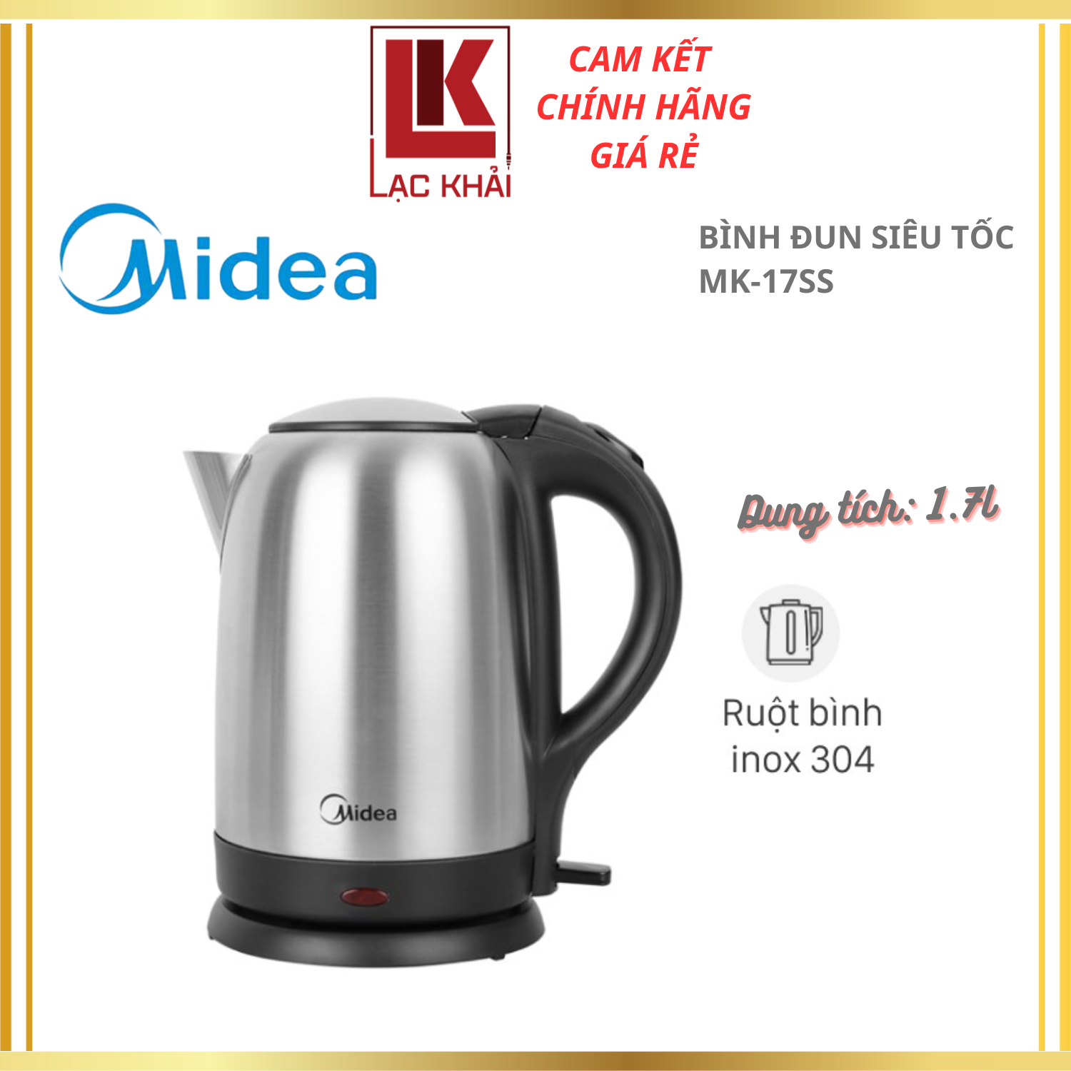 Bình đun siêu tốc Midea 1.7 lít MK-17SS, Công suất 1800W, sôi nhanh, Inox 304 cao cấp - Hàng chính hãng, Bảo hành 12 tháng