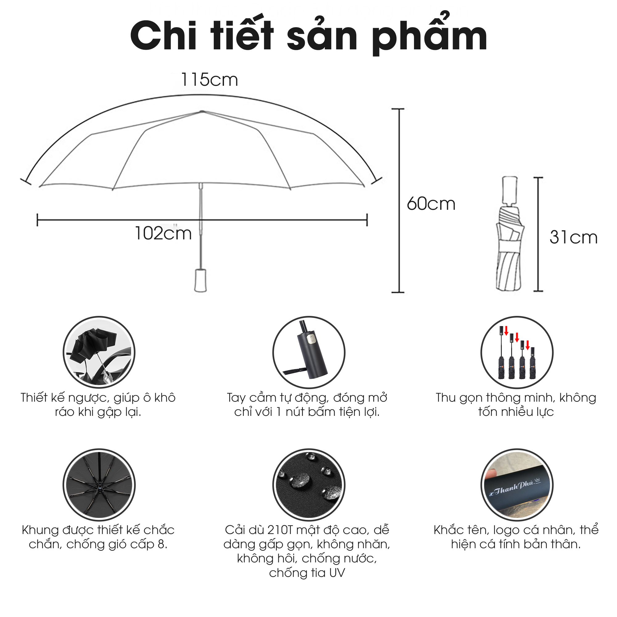 Ô dù tự động thông minh cao cấp toàn Fully Automatic Safe Umbrella, cơ chế giữ nước như dù ngược, khung nan chắc chắn chống gió bão cấp 6, vải siêu chống nước phủ Nano chống tia UV