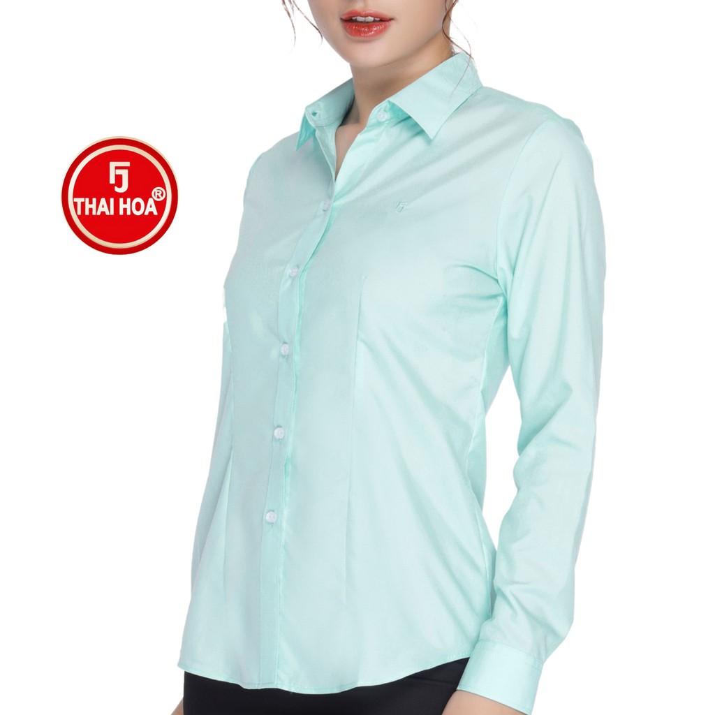 Áo sơ mi nữ Thái Hòa 047-04-01 vải cotton thoáng mát màu xanh thiên thanh