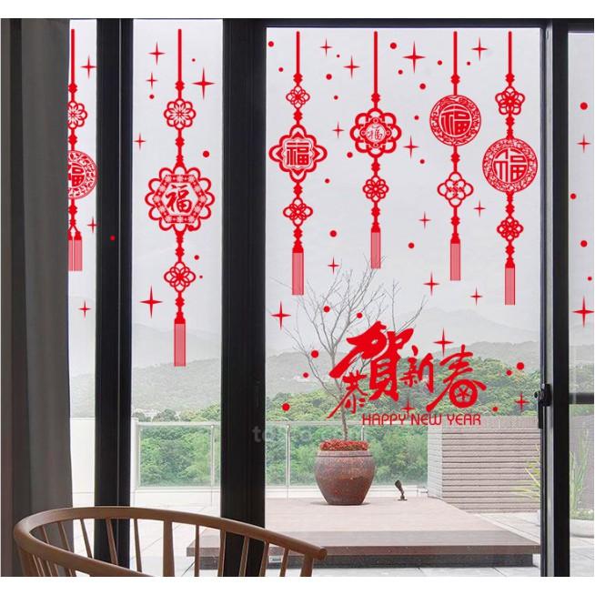 Decal trang trí Tết - Rèm dây kết đồng tiền chữ đỏ