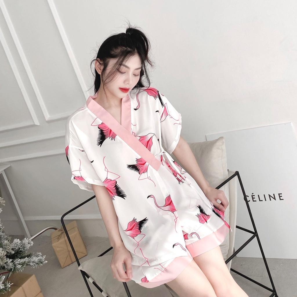 Bộ Kimono Nữ Họa Tiết Cộc Tay Set Ngủ Nữ Ngắn Tay Dây Buộc Eo 4 Màu