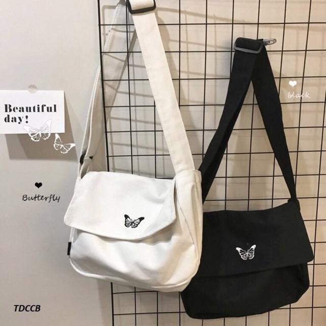 Túi tote vải Canvas đeo chéo unisex nam nữ cỡ lớn đi học đi chơi Hình Bướm