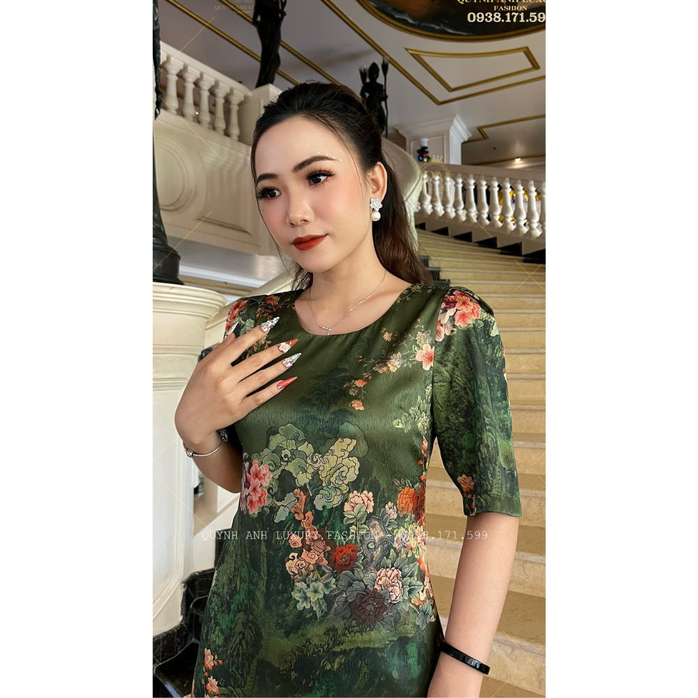 Đầm Suông Hoa 3D Tone Xanh Cổ Tròn Cao Cấp Olwen Dress