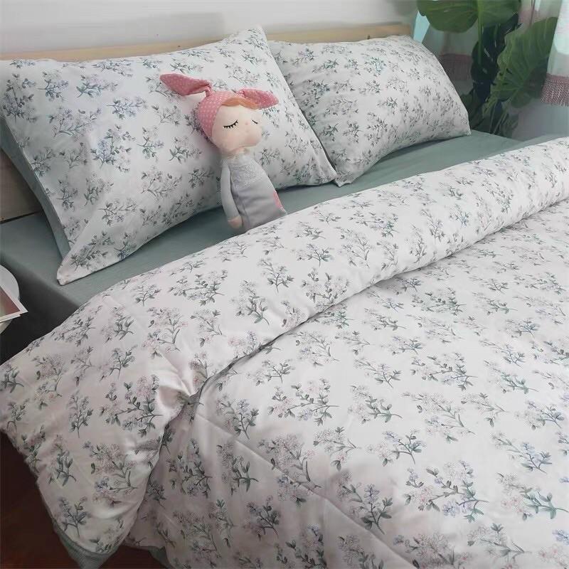Set Cotton living 100%cotton Hàng Nhập Khẩu Cao Cấp 4 Món Hoa nhí trắng Vintage