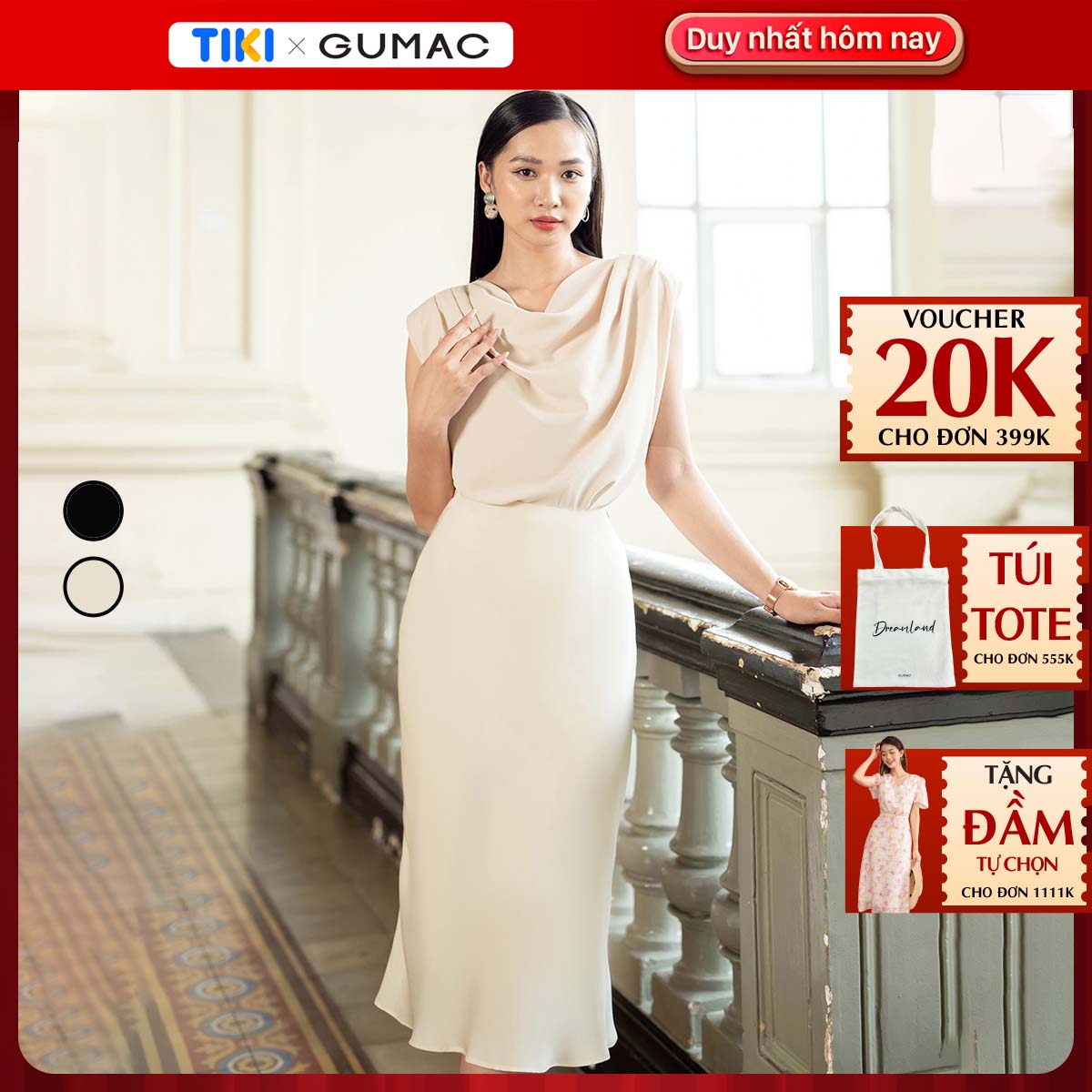 Chân váy midi lụa xòe nhẹ thanh lịch sang trọng thời trang GUMAC VD07002