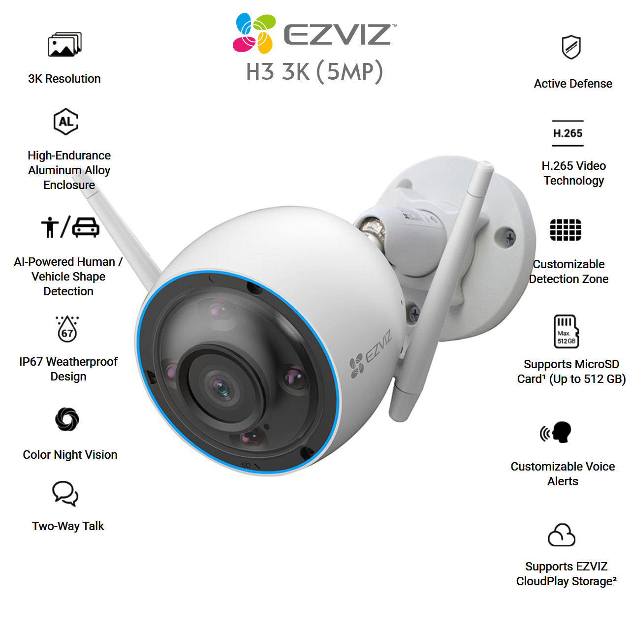 Camera IP Wifi Ngoài Trời Ezviz H3 3K 5MP - Phát hiện dáng người và xe cộ, ghi hình màu ban đêm, điều khiển bằng cử chỉ vẫy tay, cảnh báo giọng nói, đàm thoại 2 chiều - Hàng chính hãng