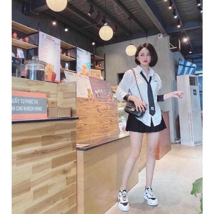 Áo sơ mi kèm cà vạt áo nữ cổ đức dài tay chất thô mềm