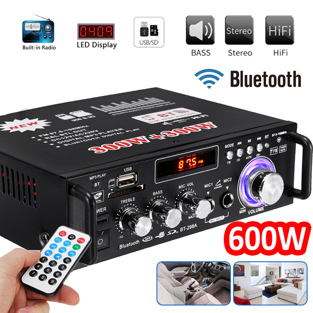 12V 220V BT-298A 2CH LCD Display Digital HIFI Audio Stereo Power Amplifier Bluetooth FM Radio Car Home 600W-Cao Cấp Loại