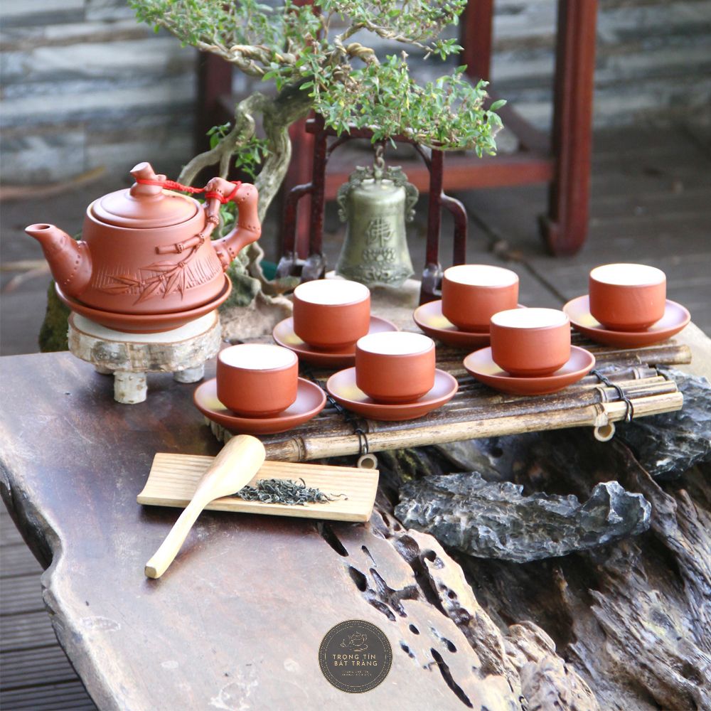 Bộ Ấm Chén Trà Đạo Gốm Tử Sa Bát Tràng Đắp Nổi Trúc Đoạn Dáng Trúc Đoạn Dung Tích 350ml ATSML 07.1