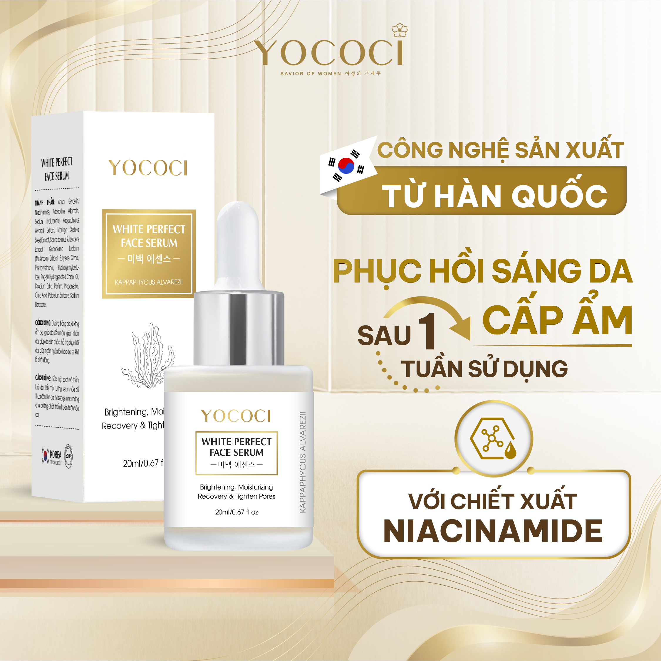 Hình ảnh Serum dưỡng trắng da mặt Yococi giúp phục hồi sáng da, căng bóng ngăn ngừa lão hóa se khít lỗ chân lông White Perfect Face Serum 20ml