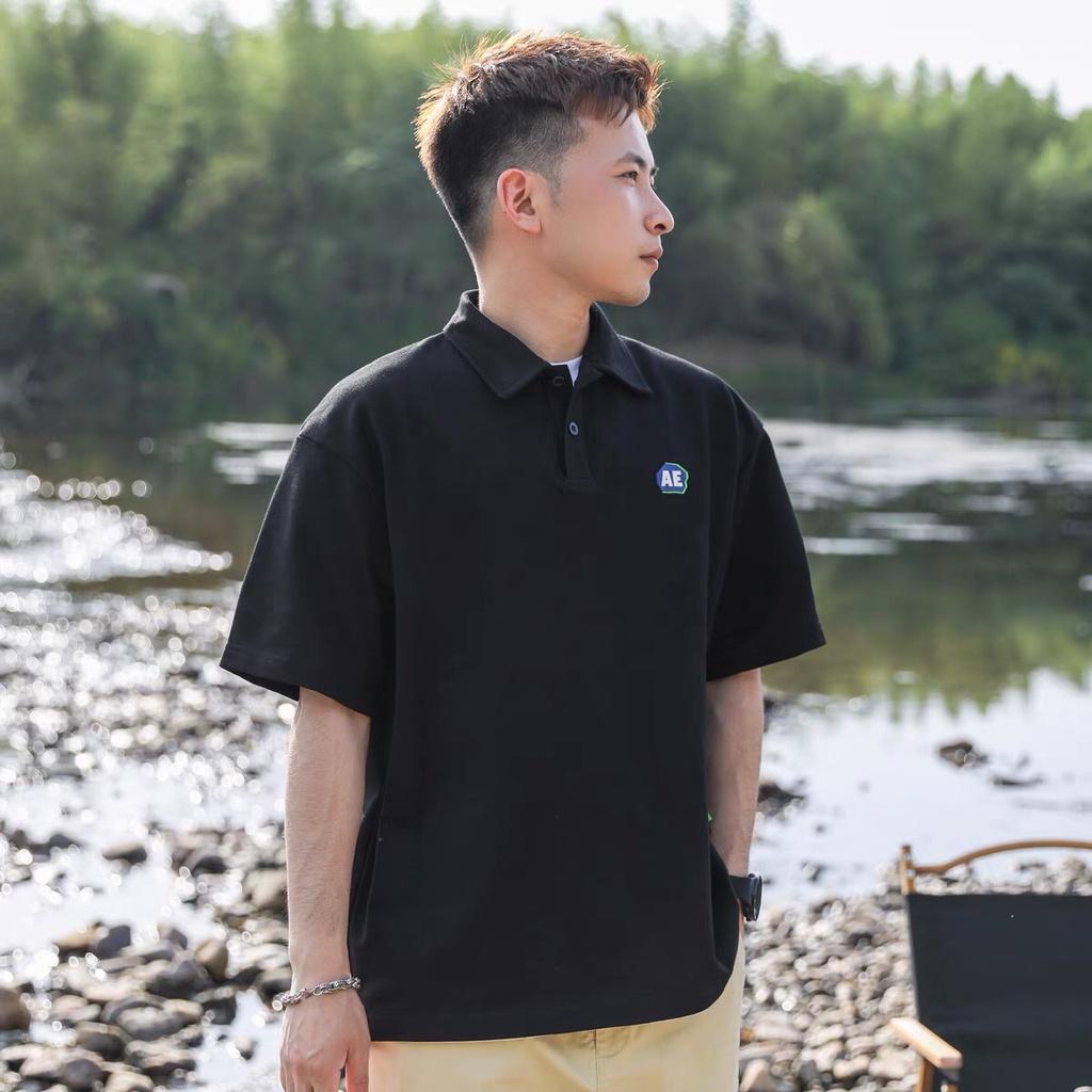 Áo PoLo form rộng phong cách Hàn Quốc thêu chữ AEcổ bẻ̂ ̛̃ Áo Pô Lô Unisex nam