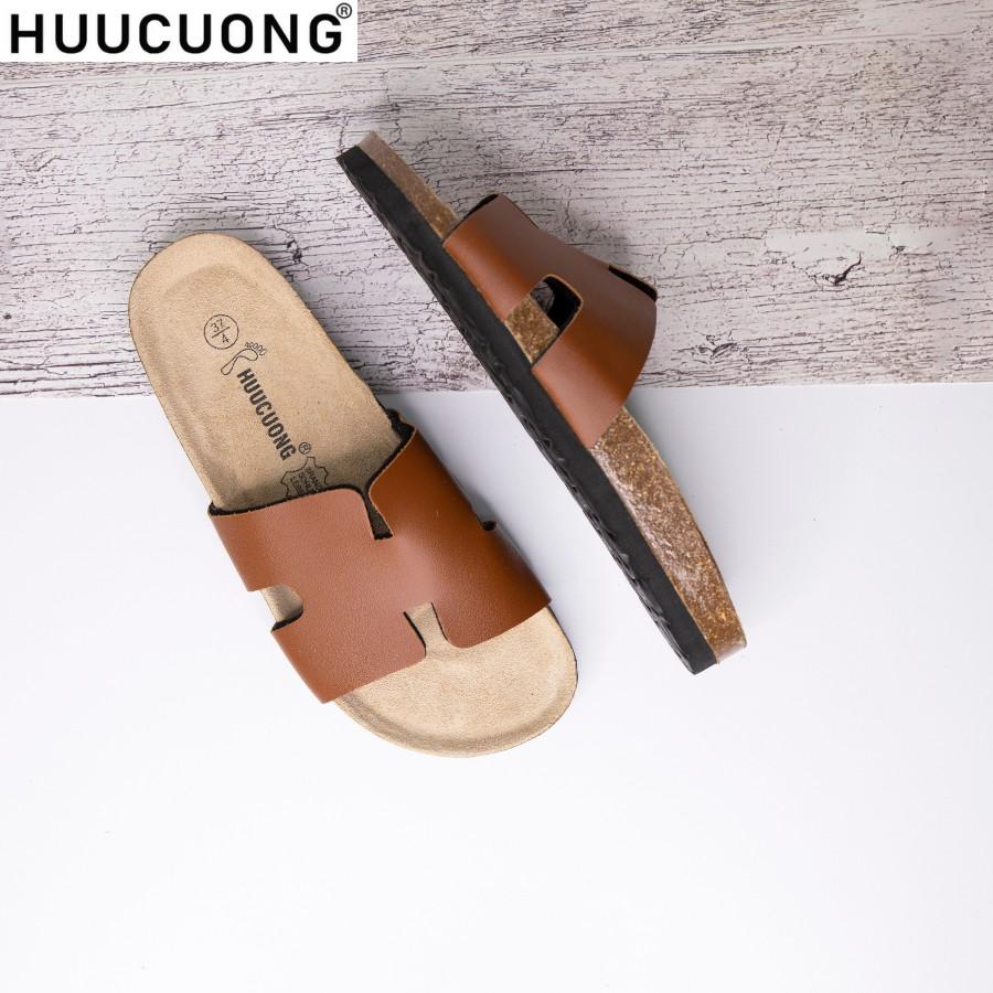 Dép unisex HuuCuong -chữ H pu nâu đế trấu