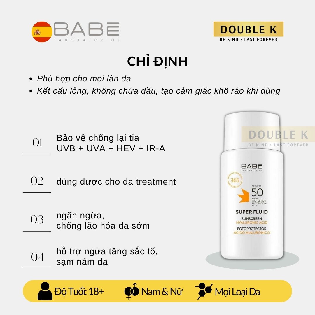 Kem Chống Nắng Dưỡng Ẩm BABE Super Fluid Sunscreen SPF 50 - Double K