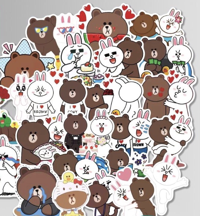 Set 60 sticker Gấu Thỏ Line Brown and Cony hình dán có ép lụa