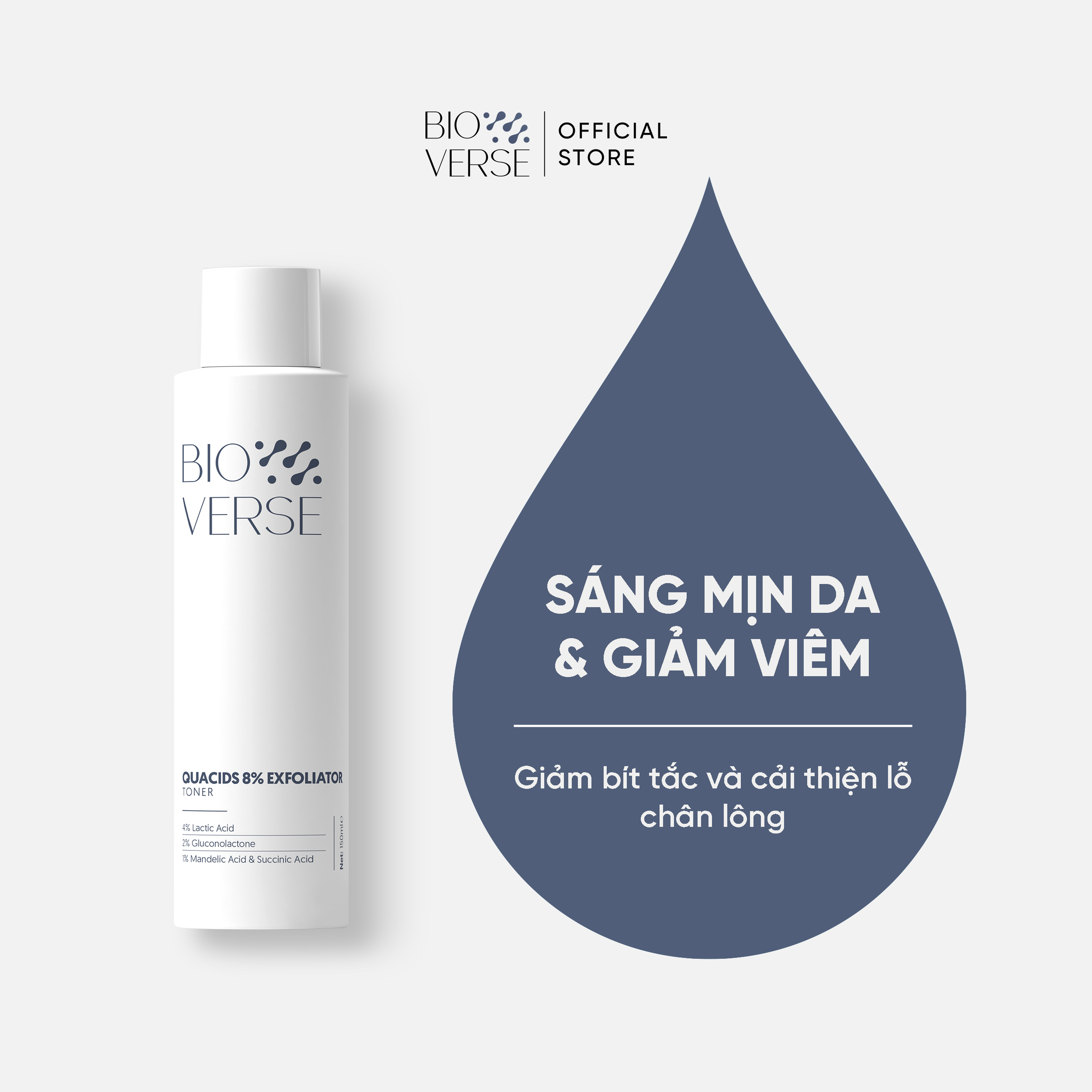 Toner Bioverse tẩy da chết và hỗ trợ giảm bít tắc Quacids 8% Exfoliator 150ml